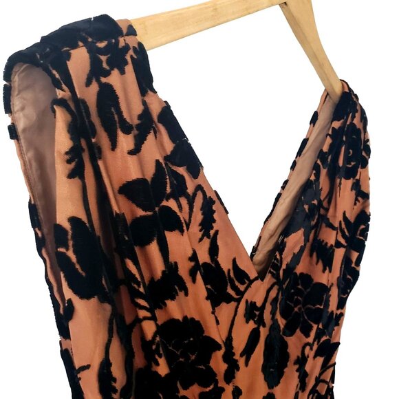 50s Cocktail Dress Cut Velvet Floral Copper Vintage I Magnin Modelique 24" Waist - Picture 2 of 14